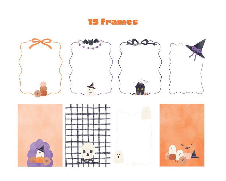 May include: A collection of 15 frames featuring Halloween-themed illustrations including ghosts, pumpkins, a witch hat, a haunted house, a bat, and a skull. The designs include various borders, solid orange backgrounds, and a black and white grid pattern.