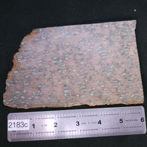 May include: A rectangular, raw-edged stone slab with a pinkish-brown hue and irregular, light blue-gray spots. A metal ruler with inch measurements is placed below the stone. The ruler has the text "2183c" and "MADE IN CHINA".