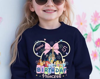 Custom Name Age Disney Princess Coquette Bow Birthday Sweatshirt, Personalized Girl Sweater