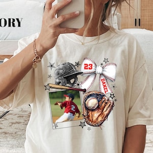 Personalized Baseball Photo Shirt, Custom Baseball Mom Shirt With Photo, Coquette Baseball Bow Tee, Baseball Mama Shirt, Game Day Outfit