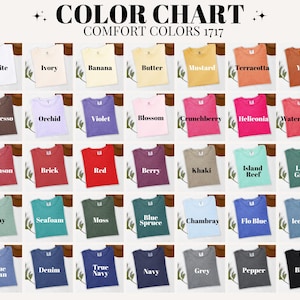 Pode incluir: Um gr&aacute;fico de cores exibe uma variedade de cores de camisetas, incluindo branco, preto e tons de azul, verde e vermelho. O texto "COLOR CHART COMFORT COLORS 1717" est&aacute; no topo. Cada camisa est&aacute; cuidadosamente dobrada, mostrando os tons dispon&iacute;veis.