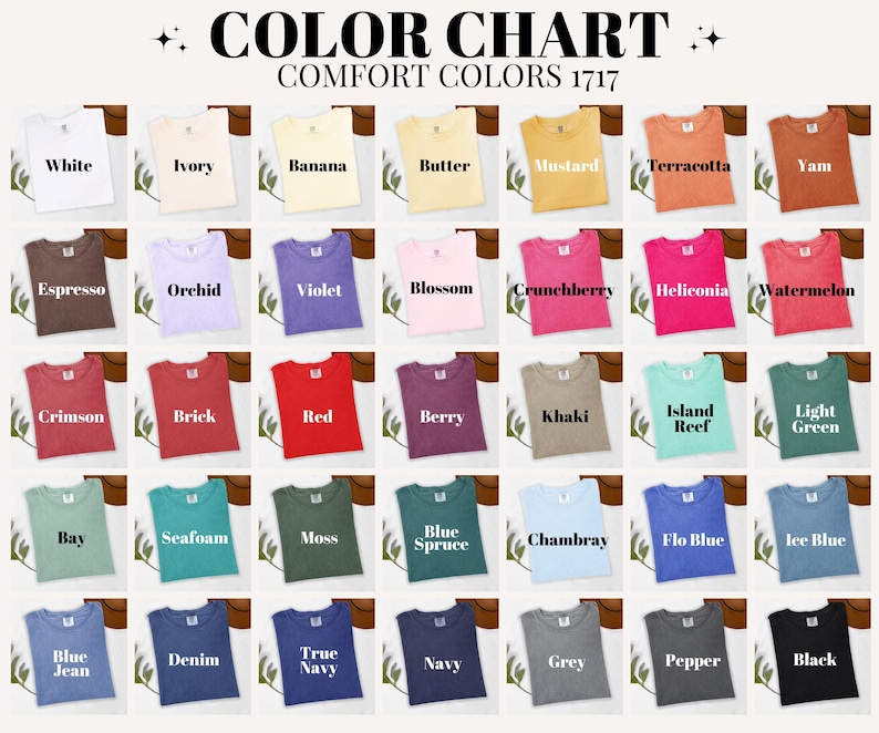 Pode incluir: Um gr&aacute;fico de cores exibe uma variedade de cores de camisetas, incluindo branco, preto e tons de azul, verde e vermelho. O texto "COLOR CHART COMFORT COLORS 1717" est&aacute; no topo. Cada camisa est&aacute; cuidadosamente dobrada, mostrando os tons dispon&iacute;veis.