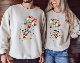 Disney Couples Mickey and Minnie Mouse Christmas Lights Sweatshirt, Mickey's Very Merry Xmas Party Hoodie, Disneyland Vacation Holiday Gift