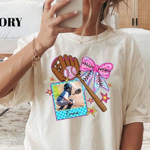 Personalized Baseball Photo Shirt, Custom Baseball Mom Shirt With Photo, Coquette Baseball Bow Tee, Baseball Mama Shirt, Game Day Outfit