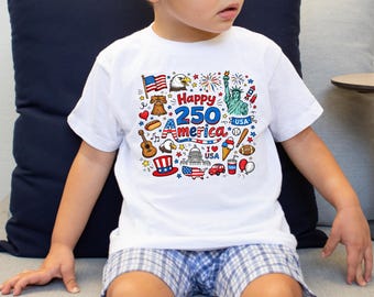 250 Years Of Freedom T-Shirt, 1776-2026 USA Kids Doodle Patriotic Shirt, 4th Of July Tee