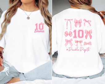 Custom Name Double Digits Girls Birthday Era T-Shirt, Tenth Party Shirt, Kid Coquette Bow Clothing