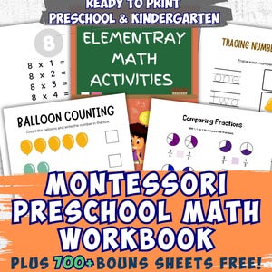Könnte beinhalten: Ein farbenfrohes Montessori-Vorschul-Mathematik-Arbeitsbuch mit verschiedenen Lernaktivitäten. Das Bild zeigt Arbeitsblätter zum Nachzeichnen von Zahlen, zum Vergleichen von Brüchen und zum Zählen von Ballons. Der Text lautet "Ready to Print Preschool & Kindergarten" und "Plus 700+ Bonus Sheets Free!"