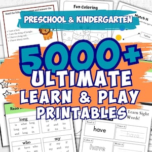 Puede incluir: Una colección de hojas de trabajo educativas imprimibles para preescolar y jardín de infancia. El título "PRESCHOOL & KINDERGARTEN" se muestra encima del texto grande "5000+ ULTIMATE LEARN & PLAY PRINTABLES". Las hojas incluyen actividades como leer, colorear y emparejar.