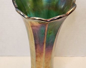 Vintage 9.5" Westmoreland Green Concave Flute Carnival Glass Swung Vase 9 Panel