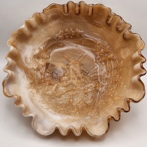 Vintage Imperial Glass Caramel Brown White Swirl Slag Embossed Windmill Bowl