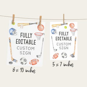 Enseigne personnalisée sur le thème du sport entièrement modifiable, options de 8 x 10 et 5 x 7 pouces, enseignes personnalisées pour soirée à thème sport, multisports, modèle imprimable