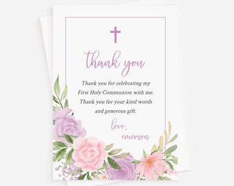 May include: A thank you card with a purple cross and floral design. The text reads "Thank you for celebrating my First Holy Communion with me. Thank you for your kind words and generous gift. Love, Emerson."