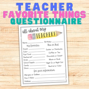 Teacher Favorite Things Questionnaire All About My Teacher Survey Teacher Questionnaire Favorite Things Form Easy to Edit Try Before You Buy