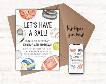 Sports Balls Birthday Party Invitation Sports Birthday Invitation Printable Textable Template, Evite Text Print Try Before You Buy