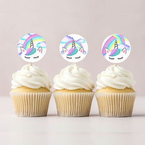 Rainbow Unicorn Cupcake Toppers Unicorn Rainbow Theme Birthday Party Printable Cupcake Toppers Bright Pink Purple Teal Try Before You Buy