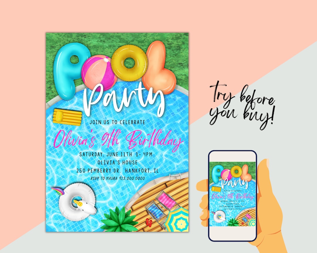 Pool Party Birthday Invitation Printable Template, Editable Textable ...