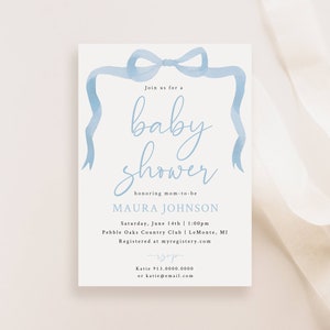 Baby Shower Invitation Blue Coquette Bow Ribbon Printable Template, Modern Blue Baby Shower Invitation Coquette Light Blue Boy Baby Shower