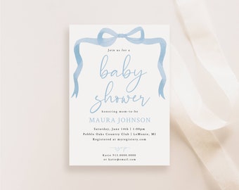 May include: Baby shower invitation with a light blue watercolor bow and ribbon design. The invitation includes the text "Join us for a baby shower" and details for Maura Johnson's baby shower, including date, time, and location.
