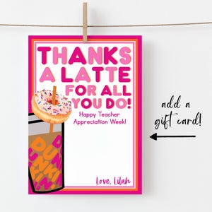 Carte-cadeau Dunkin' Donuts pour enseignant Modèle imprimable Téléchargement immédiat Carte de remerciement pour enseignant Carte-cadeau pour enseignant
