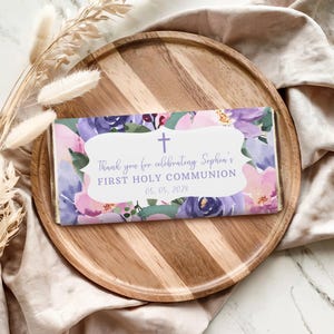 First Communion Chocolate Bar Wrapper Printable Template, Purple Pink Green Floral, Aldi and Hershey Bar Options, Easy to Edit and Print