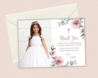 Dusty Rose Communion Photo Thank You Card Printable Template Girl Pink Floral First Holy Communion Thank You Add Photo Try Before You Buy