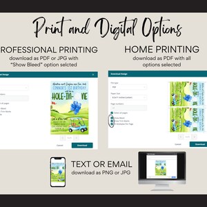May include: A digital download for a golf-themed birthday invitation. The invitation features a cartoon golf cart with balloons and the text "Connor's 1st Birthday will be a Hole-In-One". The invitation is available in PDF, JPG, and PNG formats.