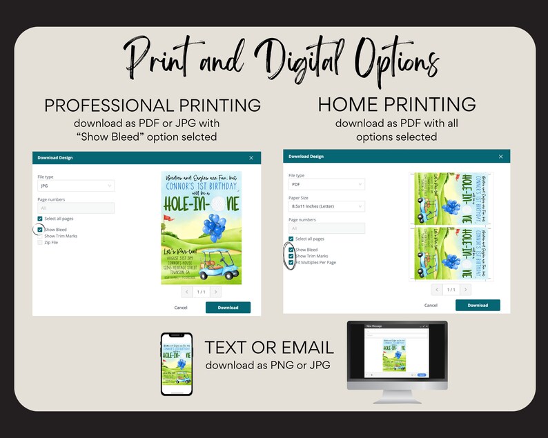 May include: A digital download for a golf-themed birthday invitation. The invitation features a cartoon golf cart with balloons and the text "Connor's 1st Birthday will be a Hole-In-One". The invitation is available in PDF, JPG, and PNG formats.