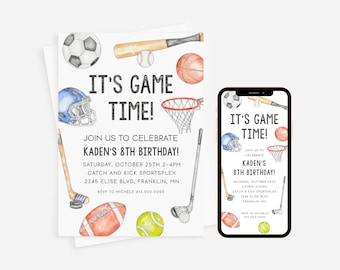 Uitnodiging sportverjaardagsfeestje, afdrukbare en telefoonversie, sportthema-uitnodiging, multisportverjaardagsuitnodiging, Try Before You Buy