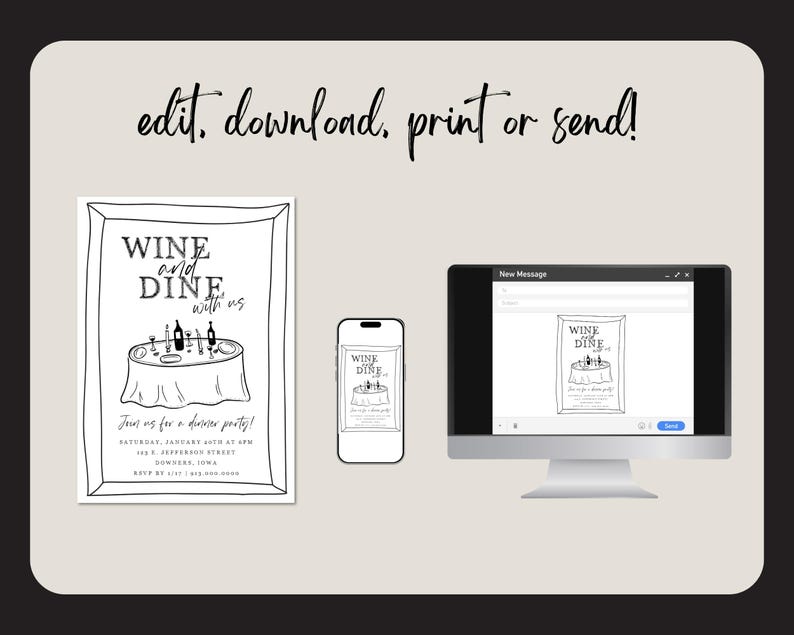 May include: Black and white printable invitation for a wine and dine party. The invitation features a hand-drawn illustration of a table with wine bottles and glasses. The text on the invitation reads "Wine and Dine with us" and includes the date, time, and location of the party.