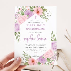 Girl Floral First Holy Communion Invitation, Editable Printable Template, Floral Purple Blush Pink Girl First Communion Invite, Easy to Edit