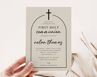 Black and Beige First Holy Communion Printable Template, Tan Black Cream 1st Holy Communion Invitation Printable Template, Easy to Edit