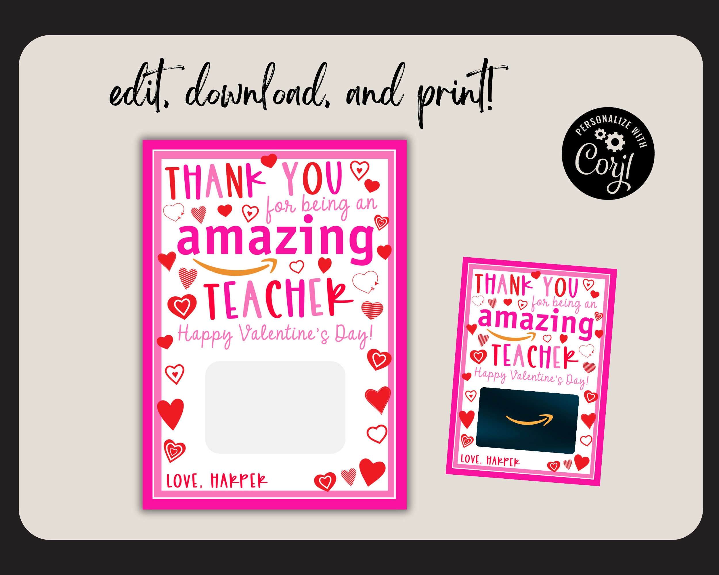 Printable Teacher Valentine's Day Add Amazon Gift Card Template, Valentine for Teacher Amazon ...