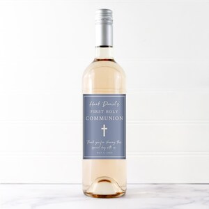 Communion Wine Bottle Label Printable Template, Dusty Blue First Holy Communion Favor Thank You Wine Label Template, Easy to Edit and Print