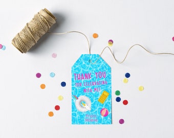 May include: A blue and white thank you tag with a pool pattern. The tag says "Thank you for celebrating with me!" and "From, Maeve". There are images of pool floats and a beach ball.