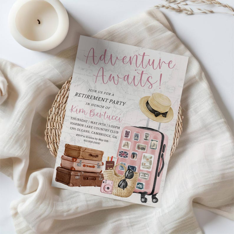 Travel Retirement Invitation Template, Adventure Awaits, Editable Template, Pink Retirement, Printable 5x7 Invitation and Phone Version image 3