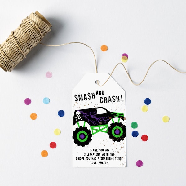 Monster Truck Grave Digger Truck Birthday Thank You Party Favor Tag Printable Template, Monster Jam Truck Party Favor Tag Template