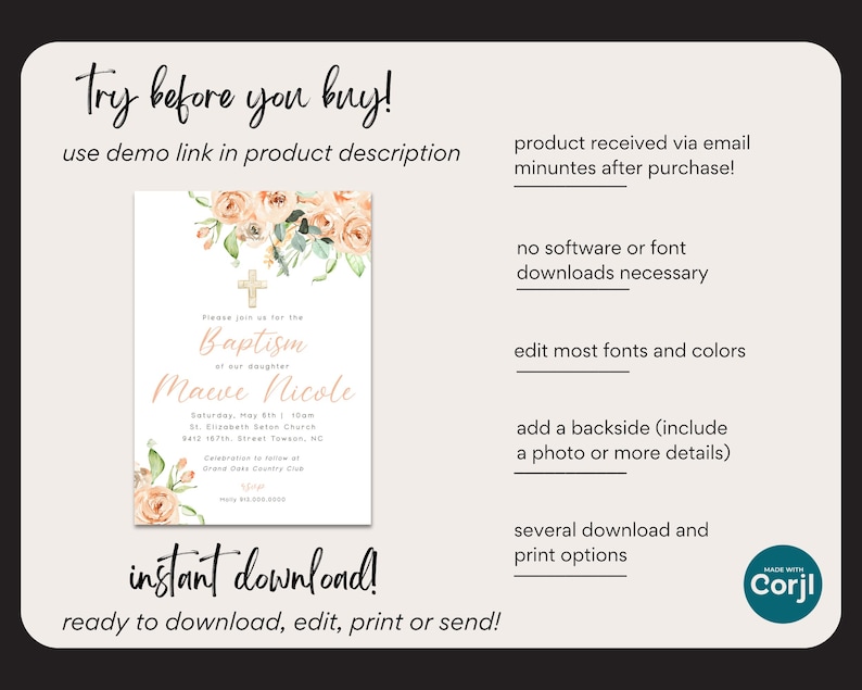 Baptism Invite Girl Peach Coral Blush Green Floral Printable Template
