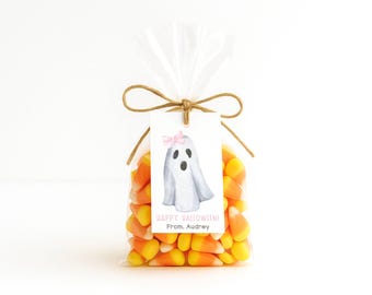 Halloween Treat Hang Tag Template Girl Cute Pink Halloween Gift Tag Ghost Pink Bow Halloween School Treat Tag Easy to Print Instant Download