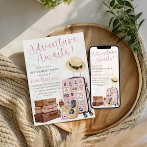Travel Retirement Invitation Template, Adventure Awaits, Editable Template, Pink Retirement, Printable 5x7 Invitation and Phone Version image 1