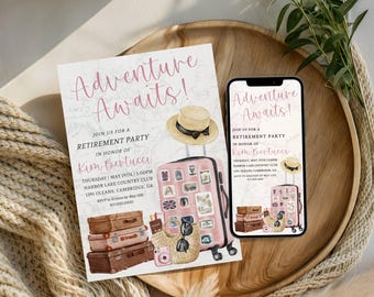 Travel Retirement Invitation Template, Adventure Awaits, Editable Template, Pink  Retirement, Printable 5x7 Invitation and Phone Version