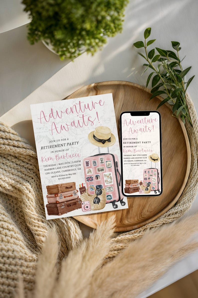 Travel Retirement Invitation Template, Adventure Awaits, Editable Template, Pink Retirement, Printable 5x7 Invitation and Phone Version image 1