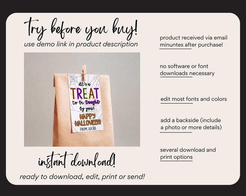 Puede incluir: Una etiqueta de bolsa de golosinas de Halloween imprimible con el texto "It's a TREAT to be taught by you! HAPPY HALLOWEEN FROM LUCAS". La etiqueta est&aacute; decorada con un dise&ntilde;o de telara&ntilde;a y tiene un esquema de color morado, naranja y amarillo.
