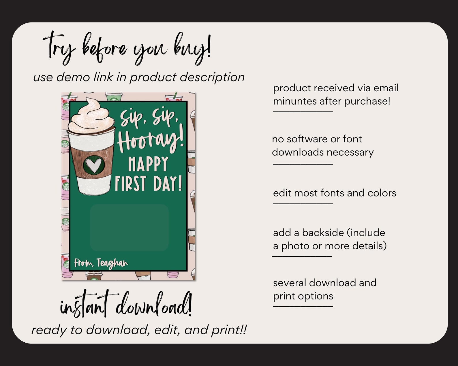 First Day of School Starbucks Gift Card Holder Template (digital ...