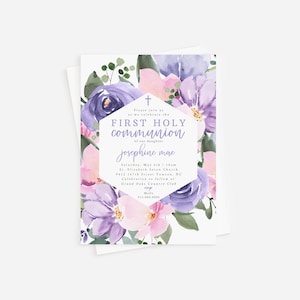 Pink Purple First Communion Invite Printable Template, Floral Purple Pink Girl Holy Communion Invitation, Easy to Edit, Instant Download