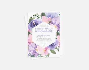 May include: Purple and pink watercolor floral design with a hexagonal frame. The text inside the frame reads "Please join us as we celebrate the First Holy Communion of our daughter Josephine Mae. Saturday, May 6th 1:00pm St. Elizabeth Seton Church 9412 16th Street, Town, NC Celebration to follow at Grand Oaks Country Club RSVP Molly 555-000-0000"