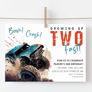 Monster Truck Birthday Party Invite Printable Template Growing Up Two Fast Monster Truck  Party Invite Try Before You Buy Easy to Print