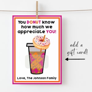 Modello stampabile per aggiungere una carta regalo Dunkin Donuts Porta carte regalo di ringraziamento Dunkin' Donuts, carta regalo Boss, carta regalo Insegnante, carta regalo Tata