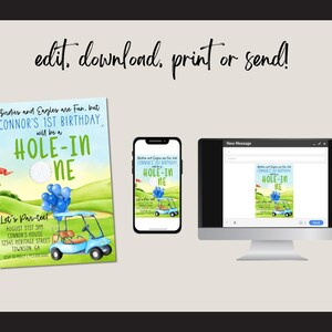 May include: A printable invitation for a first birthday party with a golf theme. The invitation features a cartoon golf cart with blue and white balloons, a golf ball, and the text "Hole-in-One". The invitation also includes the text "Let's Par-tee!" and details for the party, including the date, time, location, and RSVP information.