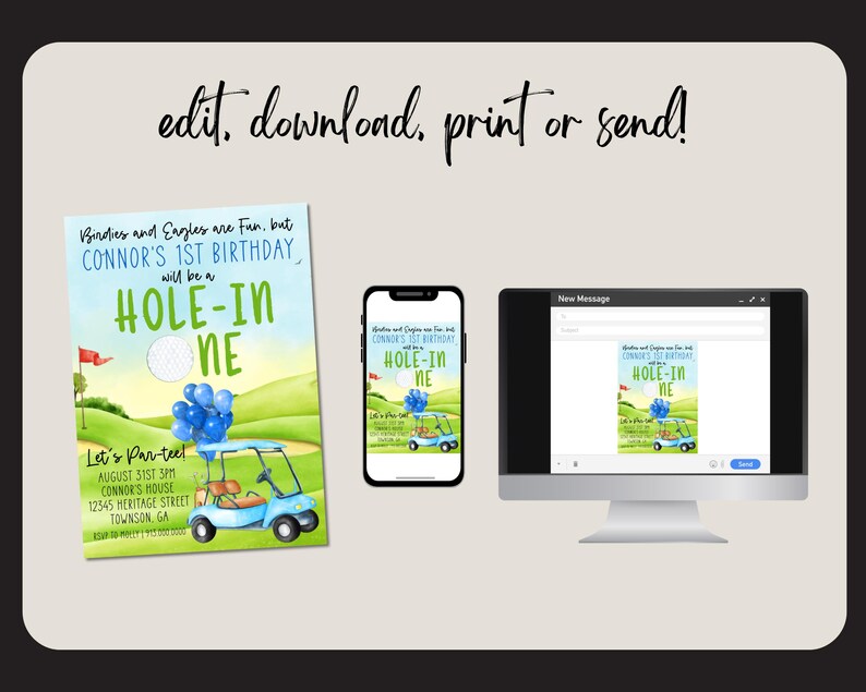 May include: A printable invitation for a first birthday party with a golf theme. The invitation features a cartoon golf cart with blue and white balloons, a golf ball, and the text "Hole-in-One". The invitation also includes the text "Let's Par-tee!" and details for the party, including the date, time, location, and RSVP information.