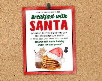 May include: A red and green flyer with a white background advertising a "Breakfast with Santa" event. The flyer includes the date, time, location, and price of the event. It also includes a picture of Santa Claus, pancakes, and a gingerbread man.
